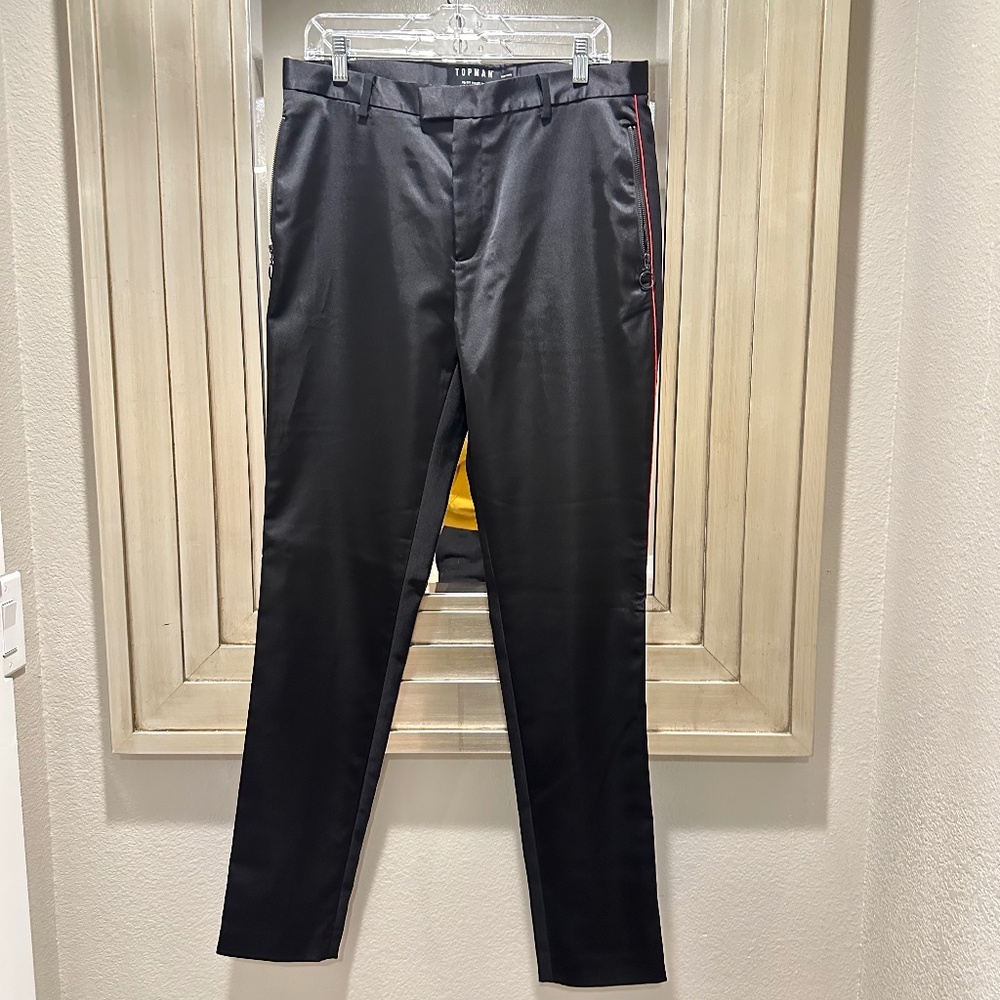 Topman suit trousers in shinny black with red piping 32L